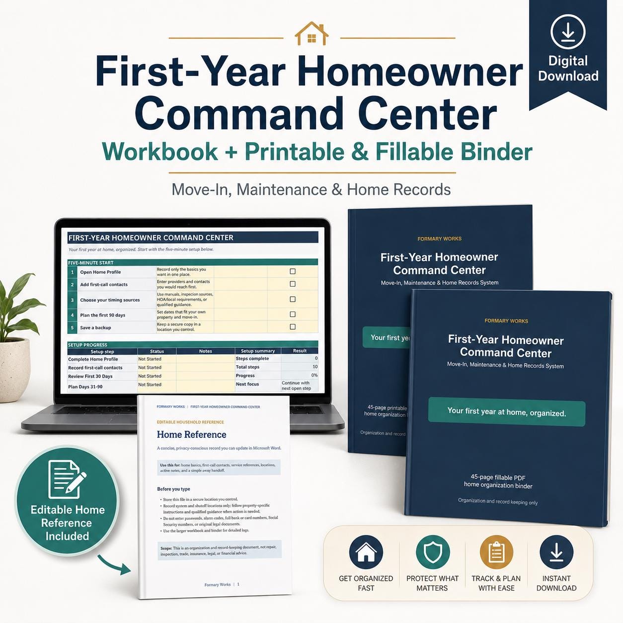 First-Year Homeowner Command Center cover showing the Excel workbook on a laptop, printable and fillable binder covers, and the editable home reference document