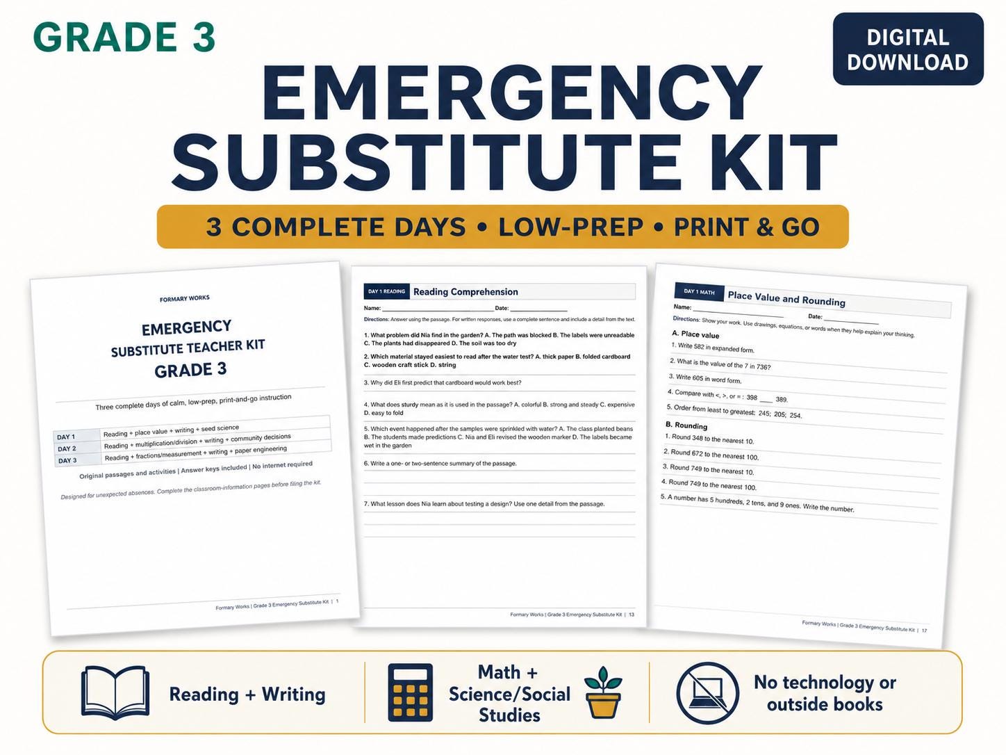 Grade 3 Emergency Substitute Teacher Kit cover showing three complete substitute days, sample reading comprehension and math worksheet pages, and a printable low-prep digital download