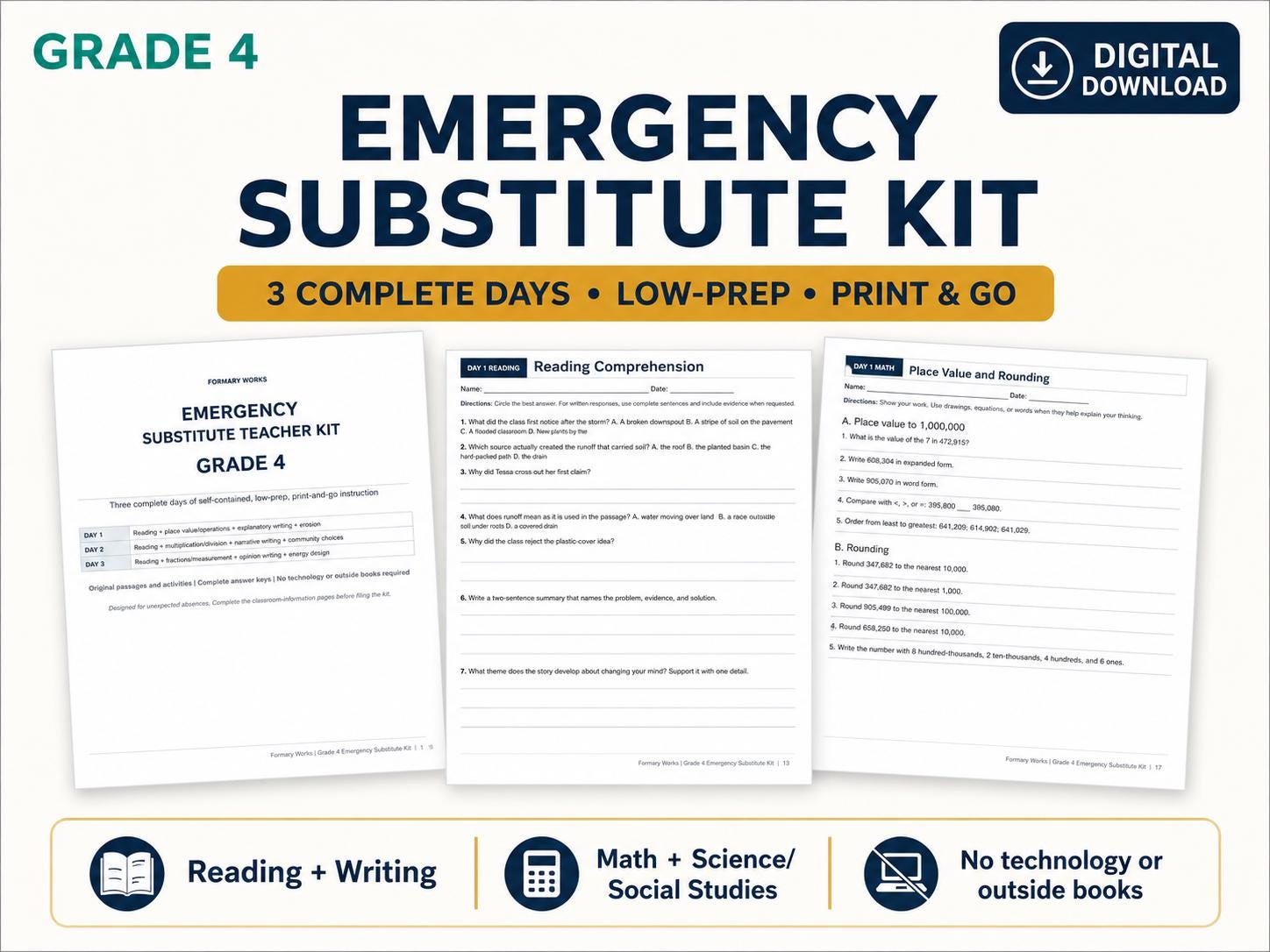 Grade 4 Emergency Substitute Teacher Kit cover showing three complete substitute days, sample reading comprehension and math worksheet pages, and a printable low-prep digital download