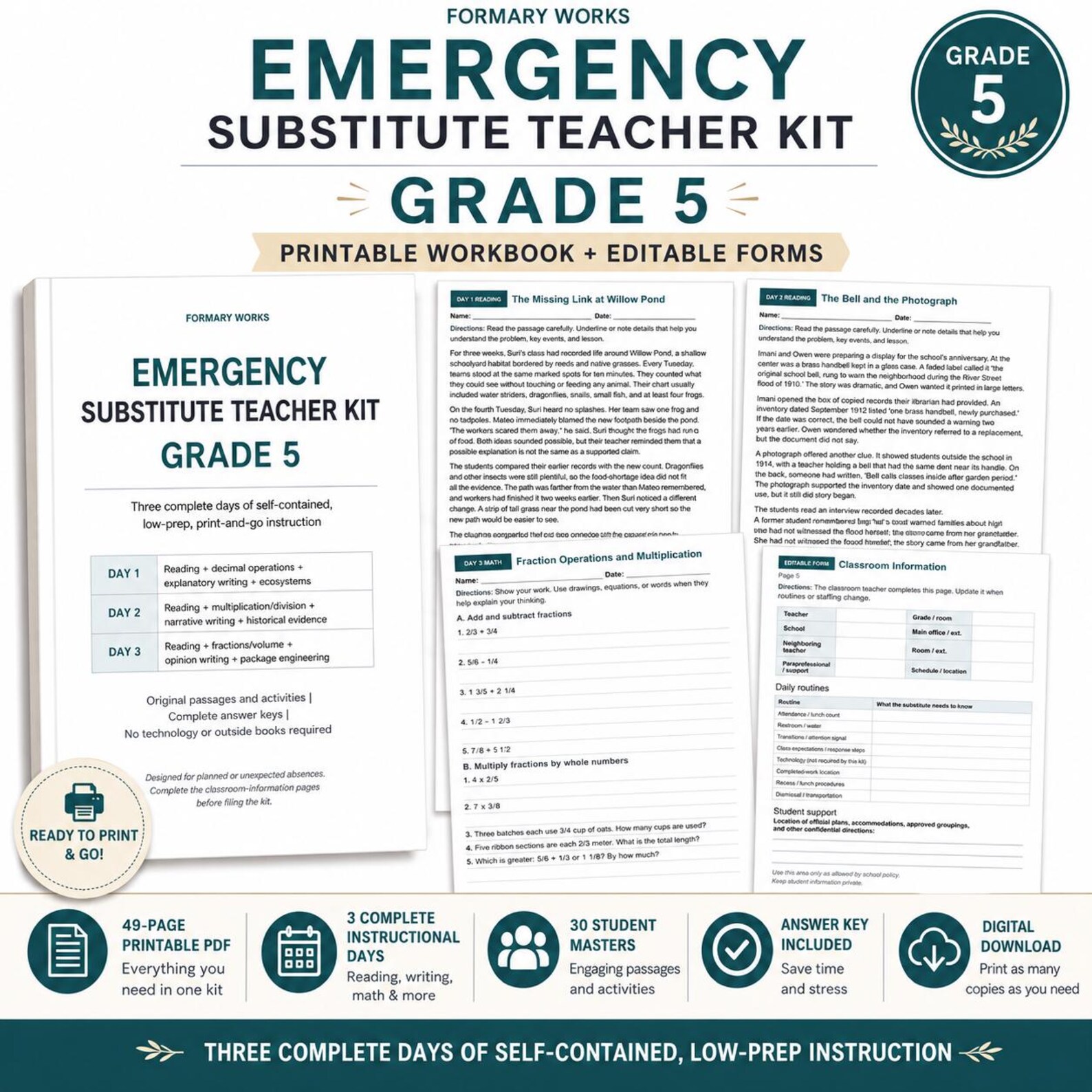 Grade 5 Emergency Substitute Teacher Kit listing image showing the kit cover, sample reading and fraction worksheet pages, an editable classroom-information form, and a 49-page printable PDF digital download